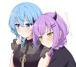  2girls :t black_dress black_shirt blue_eyes blush braid cheek_press collared_dress demon_horns dress ear_piercing fang fang_out felutiahime green_eyes hair_ornament hair_twirling hairclip hand_in_another&#039;s_hair head_on_another&#039;s_shoulder highres hololive horns hoshimachi_suisei hoshimachi_suisei_(6th_costume) hug industrial_piercing long_hair medium_hair multiple_girls multiple_piercings necktie official_alternate_costume official_alternate_hairstyle piercing pointy_ears purple_hair purple_necktie see-through see-through_sleeves shirt simple_background star_(symbol) star_in_eye sweatdrop symbol_in_eye tokoyami_towa tokoyami_towa_(4th_costume) translation_request upper_body virtual_youtuber white_background yuri zipper_dress 