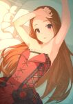  1girl armpits arms_up black_bow bow brown_hair dress frills idolmaster idolmaster_million_live! idolmaster_million_live!_theater_days kanteraya light_rays long_hair looking_at_viewer lying minase_iori on_back on_bed open_mouth plaid purple_eyes red_dress solo strapless strapless_dress sunlight 