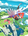  above_clouds absurdres brute_bonnet cave cloud commentary day flutter_mane flying grass great_tusk highres komepan koraidon lake no_humans outdoors pokemon pokemon_(creature) roaring_moon sandy_shocks scream_tail sky slither_wing water 