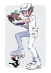  1boy aether_foundation_employee aether_foundation_uniform basket berry_(pokemon) bird border bounsweet brown_hair gloves grey_background grey_eyes hat holding holding_basket hsngamess jumpsuit looking_down male_focus open_mouth oran_berry pikipek pokemon pokemon_(creature) pokemon_(game) pokemon_sm shoes short_hair short_sleeves twitter_username watermark white_border white_footwear white_gloves white_headwear white_jumpsuit 
