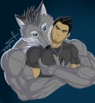  2022 absurd_res anthro big_muscles big_pecs black_hair canid canine canis clothed clothing danielswolf1 duo embrace fur grey_body grey_fur hair hi_res holding_partner hug human human_on_anthro interspecies jewelry larger_anthro larger_male male male/male mammal muscular muscular_anthro muscular_human muscular_male necklace pec_grab pecs shirt signature size_difference smaller_human smaller_male topless topless_male topwear were werecanid werecanine werewolf wolf 