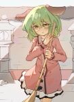  1girl animal_ears blush broom dog_ears dress frilled_sleeves frills green_eyes green_hair highres holding holding_broom kasodani_kyouko long_sleeves open_mouth outdoors pink_dress short_hair solo stone_lantern touhou yige_chizi 