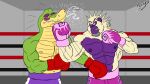  2023 absurd_res alligator alligatorid anthro ape boxing boxing_gloves brok_(character) brok_the_investigator clothing crocodilian duo fighting_ring gorilla green_body handwear haplorhine hi_res kenny_foxborrow male mammal muscular muscular_male nipples primate reptile scalie sport 