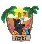  anthro azki_(azki_wolf) badge beverage black_body black_fur canid canine canis clothed clothing cloud cocktail_garnish cocktail_umbrella coconut drupe_(fruit) food fruit fur heterochromia hi_res male mammal name_tag open_clothing open_shirt open_topwear palm_tree plant red_eyes reptile scalie shirt snake solo sunset thorginunya topwear tree vines white_body white_fur wolf yellow_eyes 