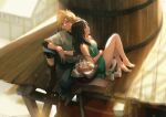  1boy 1girl bare_legs barefoot black_hair blonde_hair boots cloud_strife dress final_fantasy final_fantasy_vii final_fantasy_vii_remake highres leaning_on_person looking_up picnic_basket sitting smile spykeee tifa_lockhart water_tower 