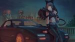  belt between_breasts black_bow black_car black_hair black_pants blake_belladonna boots bow breasts car cityscape dekura highres long_hair looking_at_viewer midriff motor_vehicle navel night night_sky pants ribbon rwby sitting sky sleeveless solo strap_between_breasts sword thigh_boots weapon white_belt yellow_eyes 