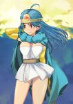  1girl blue_hair breasts cape circlet closed_mouth dragon_quest dragon_quest_iii dress elbow_gloves gloves highres long_hair muramasa_mikado panties red_eyes sage_(dq3) skirt smile solo staff underwear white_panties 