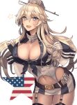  1girl american_flag belt belt_buckle blonde_hair blue_eyes blush breasts brown_belt buckle cleavage cowboy_shot front-tie_top garter_straps hair_between_eyes highres iowa_(kancolle) kantai_collection kasumi_(skchkko) large_breasts long_hair navel open_mouth smile solo star-shaped_pupils star_(symbol) symbol-shaped_pupils white_background 
