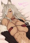  1girl abs ahoge animal_ear_fluff animal_ears bandeau bare_shoulders bed_sheet breasts bridal_gauntlets cat_ears character_name choker cleavage closed_mouth collarbone commentary_request dark-skinned_female dark_skin eyepatch fur-trimmed_jacket fur_trim ghislaine_dedoldia grey_hair hair_between_eyes hand_on_own_chest jacket large_breasts long_hair looking_at_viewer lying mushoku_tensei navel notice_lines off_shoulder on_back open_clothes open_jacket partial_commentary red_bandeau red_choker red_eyes rsk_(fggg2888) scar scar_on_cheek scar_on_face scar_on_stomach sidelocks solo stomach sweat underboob upper_body 