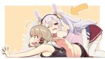  2girls animal_ears armpit_crease assisted_stretching azur_lane bare_shoulders bike_shorts blonde_hair blue_eyes blush bow breasts commentary_request cross drooling fake_animal_ears feet from_side fur-trimmed_jacket fur_trim grey_hair hair_between_eyes hair_bow highres iron_cross jacket laffey_(azur_lane) long_hair medium_breasts multiple_girls nose_blush one_eye_closed open_clothes open_jacket pain pink_jacket profile rabbit_ears red_eyes red_skirt saliva short_hair sideboob skirt soles stretching surprised tearing_up thighhighs toes twintails white_thighhighs yohia z23_(azur_lane) 