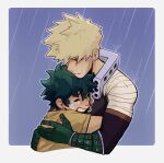  2boys aged_down bakugou_katsuki blonde_hair blue_background boku_no_hero_academia border child closed_eyes closed_mouth commentary cropped_torso crying freckles gloves green_gloves green_hair habkart hug male_child male_focus midoriya_izuku multiple_boys open_mouth outside_border rain shirt short_hair short_sleeves simple_background spiked_hair tears upper_body white_border yellow_shirt 