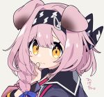  1girl animal_ears arknights black_collar black_hairband blue_ribbon braid cat_ears cat_girl closed_mouth collar goldenglow_(arknights) grey_background hairband long_hair looking_at_viewer mzh orange_eyes pink_hair print_hairband ribbon simple_background solo upper_body 