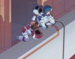  2boys :o blue_eyes blue_hair brown_hair chromatic_aberration closed_mouth cup drinking_straw drinking_straw_in_mouth floating green_eyes gundam gundam_zz hallway headwear_removed helmet helmet_removed highres holding holding_cup indoors judau_ashta kamille_bidan looking_up male_focus multiple_boys open_mouth pin_(penco_co) short_hair smile spacecraft_interior spacesuit zero_gravity zeta_gundam 