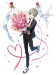  1boy :d banner bell bird black_jacket black_necktie black_pants black_socks blush bouquet brown_vest closers collared_shirt dove falling_petals flower full_body gloves green_eyes grey_hair heart_ribbon highres holding holding_bouquet jacket leg_up looking_at_viewer male_focus mistilteinn_(closers) necktie official_art oxfords pants petals pink_flower pink_ribbon pink_rose red_flower red_rose ribbon rose shirt short_hair smile socks solo suit tachi-e teeth upper_teeth_only vest walking white_background white_dove white_footwear white_gloves white_shirt 