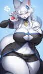  anthro bare_shoulders belt big_breasts black_belt black_bottomwear black_clothing black_shorts blue_background blue_eyes blush bottomwear breasts canid canine cleavage clothed clothing collar curvaceous curvy_figure elbow_pads eyelashes female fingernails fox hair hair_between_eyes half-closed_eyes hi_res hotpants inner_ear_fluff jewelry long_fingernails long_hair long_tail mammal midriff nails narrowed_eyes open_mouth paws sharp_fingernails sharp_nails shorts simple_background solo suurin_2 tail tuft voluptuous white_body white_hair wide_hips 