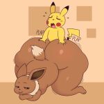  ambiguous_gender big_butt blush bodily_fluids brown_body brown_fur butt cheek_spots digital_media_(artwork) duo eevee fur generation_1_pokemon hi_res looking_at_another looking_at_partner looking_back looking_pleasured male male/ambiguous nintendo open_mouth pikachu plap pokemon pokemon_(species) sex simple_background sweat tail text thick_thighs tongue wide_hips yellow_body yellow_fur zlut385 