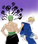 2boys angry blonde_hair cigarette earrings facial_hair from_behind goatee gradient_background green_hair hand_on_own_hip haramaki highres japanese_clothes jewelry male_focus mrs.custard multiple_boys muscular muscular_male one_piece purple_background roronoa_zoro sanji_(one_piece) seigaiha single_earring sweat topless_male twitter_username 