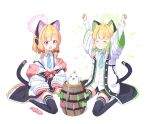  2girls animal_ear_headphones animal_ears arms_up barrel black_shorts black_skirt blonde_hair blood blood_from_mouth blue_archive blue_necktie bow bright_pupils cat_ear_headphones cat_tail closed_eyes collared_shirt cro0703 fake_animal_ears frilled_jacket frills green_bow hair_bow halo headphones highres hood hooded_jacket jacket lace-trimmed_skirt lace_trim long_sleeves midori_(blue_archive) momoi_(blue_archive) multicolored_clothes multicolored_jacket multiple_girls necktie open_mouth parted_bangs peroro_(blue_archive) pink_eyes pleated_skirt pop-up_pirate red_bow shirt shirt_tucked_in shorts siblings simple_background sisters sitting skirt suspenders tail thighhighs toy toy_sword twins wariza white_background white_pupils white_shirt wide_sleeves 