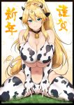  absurdres ahoge animal_ears animal_print artoria_pendragon_(fate) artoria_pendragon_(lancer)_(fate) bell blonde_hair breasts cleavage closed_mouth cow_ears cow_horns cow_print cow_print_bikini cow_print_thighhighs cow_tail elbow_gloves fake_animal_ears fake_horns fake_tail fate/grand_order fate_(series) gloves grass green_eyes hair_between_eyes highres horns kyouan_(hiromituisgod) long_hair looking_at_viewer navel neck_bell ponytail saber sitting smile tail thighhighs 