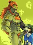  absurd_res anthro armpit_hair bodily_fluids body_hair chest_hair cum cum_drip cum_in_mouth cum_inside cum_on_face dripping fellatio ganondorf genital_fluids hi_res kneeling link_(wolf_form) male male/male nintendo oral penile sex simple_background size_difference the_legend_of_zelda thekinkybear 