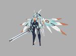  1girl absurdres commentary faceplate grey_background highres holding holding_sword holding_weapon jhcrow3 machine mecha_musume mechanical_ears mechanical_wings original solo sword weapon wings 