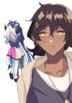  1girl 2boys absurdres arknights dark-skinned_male dark_skin hanaren highres irene_(arknights) lumen_(arknights) multiple_boys orange_eyes pointy_ears selfie thorns_(arknights) unamused 