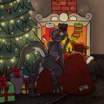  2023 anthro anus black_body black_scales butt chimney christmas christmas_decorations christmas_lights christmas_present christmas_stocking christmas_tree claws detailed_background digital_drawing_(artwork) digital_media_(artwork) female genitals gift hi_res holidays horn kazarra_the_kobold kobold looking_at_viewer nude plant pussy reptile santa_claus scales scalie senjio shaded shush signature smile solo tail tree watermark 