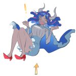  ! 1girl ahoge arrow_(symbol) blue_cape blue_hair blue_skirt cape covered_mouth curled_horns dinosaur_girl falling hands_up high_heels horns long_hair looking_at_viewer mask midair mouth_mask multicolored_hair one_piece pink_eyes pink_hair pink_mask raine_(acke2445) red_footwear shirt simple_background skirt solo streaked_hair ulti_(one_piece) white_background white_shirt 
