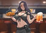  1girl beer_mug black_hair breasts choker collarbone collared_shirt cup dark-skinned_female dark_skin food front-tie_top holding holding_cup holding_tray long_hair looking_at_viewer mole mole_on_breast mole_under_eye mug myth1carts navel nijisanji nijisanji_en pleated_skirt red_eyes scarle_yonaguni shirt skirt solo tray virtual_youtuber 