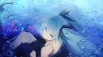  1girl absurdres air_bubble blue_eyes blue_hair bubble dress expressionless hair_ornament hatsune_miku highres long_hair looking_at_viewer looking_back mihoranran shinkai_shoujo_(vocaloid) sleeveless sleeveless_dress solo twintails underwater vocaloid water 