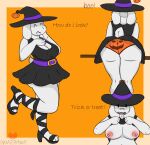  absurd_res anthro big_breasts breasts butt clothed clothing costume dangermons digital_media_(artwork) female flashing food footwear fruit fur hat headgear headwear hi_res high_heels looking_at_viewer mammal nipples plant pumpkin simple_background smile solo tail toriel undertale_(series) underwear witch_costume witch_hat 