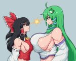  2girls ahoge asymmetrical_docking black_eyes black_hair bow breast_press breasts closed_mouth commentary detached_sleeves english_commentary frog_hair_ornament green_eyes green_hair grey_background hair_bow hair_ornament hair_tubes hakurei_reimu highres huge_breasts kochiya_sanae long_hair looking_at_another medium_hair multiple_girls muscular muscular_female nontraditional_miko red_bow sheepapp sideboob sidelocks simple_background snake_hair_ornament touhou 