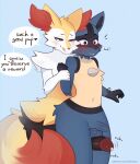  anthro balls blue_body blue_fur blush blush_lines bodily_fluids braixen dialogue dominant dominant_male duo erection eyebrows fiamourr fluffy fluffy_tail fur generation_4_pokemon generation_6_pokemon genital_fluids genitals girly grabbing_from_behind hi_res humanoid_genitalia humanoid_penis lucario male male/male multicolored_body multicolored_fur nervous nervous_smile nervous_sweat nintendo penis penis_size_difference pokemon pokemon_(species) praise precum red_body red_eyes red_fur rubbing sex simple_background size_difference speech_bubble spikes spikes_(anatomy) squish standing surprised_expression tail text thigh_sex tongue url white_body white_fur yellow_body yellow_fur 