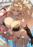  1girl abs absurdres bare_shoulders bikini black_bikini black_gloves blonde_hair breasts cleavage elbow_gloves fairy_knight_gawain_(fate) fairy_knight_gawain_(ice_warrior)_(fate) fate/grand_order fate_(series) gloves gold_trim green_eyes hair_ornament hair_scrunchie high_ponytail highleg highleg_bikini highres horns innertube katsu_(katsupainter) large_breasts long_hair looking_at_viewer muscular muscular_female navel open_mouth ponytail pool poolside scarf scrunchie sidelocks solo swimsuit thick_thighs thighs water wet white_scarf white_scrunchie 