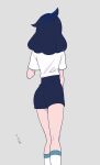  1girl ass black_hair black_shorts commentary cowlick from_behind grey_background highres kneepits liko_(pokemon) long_hair pokemon pokemon_(anime) pokemon_horizons rei_hinketsu shirt short_sleeves shorts simple_background socks solo t-shirt translation_request white_shirt white_socks 