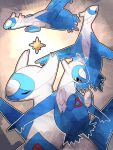  animal_focus blue_skin claws closed_eyes colored_skin commentary_request flying hanabusaoekaki highres latios multicolored_skin multiple_views no_humans pokemon pokemon_(creature) red_eyes star_(symbol) sunburst two-tone_skin white_skin wings 
