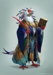  artist_name beak bird book brooch closed_eyes ebenherzart english_commentary feather_trim full_body furry highres holding holding_book humblewood jewelry official_art pince-nez quill robe simple_background standing talons wide_sleeves 