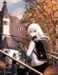  1girl absurdres autumn autumn_leaves backpack bag black_bag black_skirt blurry blurry_foreground blush building cloud cloudy_sky commentary_request falling_leaves floating_clothes floating_hair fur_collar fur_trim hair_between_eyes highres holding holding_bag jacket leaf long_hair looking_at_viewer looking_back original outdoors pantyhose parted_lips pleated_skirt red_pantyhose skirt sky solo stairs standing straight_hair tokiwa_sylbe tree white_hair white_jacket wind yellow_eyes 
