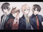  4boys ahoge black_hair black_shirt black_suit blue_eyes brown_hair collared_shirt diagonal-striped_necktie ear_piercing formal green_hair grin highres iv_4t kanae_(nijisanji) letterboxed looking_at_viewer mayuzumi_kai multicolored_hair multicolored_necktie multiple_boys necktie nijisanji piercing red_eyes red_hair red_necktie red_suit saegusa_akina shirt side_ponytail smile streaked_hair suit vignetting virtual_youtuber white_shirt yellow_necktie yumeoi_kakeru 