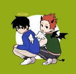  2boys angel angel_wings black_eyes black_hair black_horns black_wings blue_hoodie brown_pants chinese_commentary closed_mouth commentary_request demon_boy demon_horns demon_tail demon_wings feathered_wings full_body green_background green_jacket grey_pants grey_socks halo highres hood hood_down hoodie horns jacket kageyama_ritsu long_sleeves looking_at_viewer male_focus meowzng mob_psycho_100 multiple_boys open_mouth orange_hair pants pointy_ears shoes short_hair simple_background sneakers socks squatting suzuki_shou tail white_footwear white_wings wings 