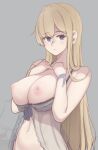  1girl babydoll blonde_hair blue_eyes breasts folait grey_background hair_over_shoulder hands_on_own_chest highres lactation large_breasts long_hair looking_at_viewer navel nipples original parted_lips simple_background solo 