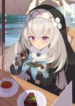  1girl absurdres applepie_1201 black_gloves black_tea blue_archive blue_neckerchief cake cake_slice food gloves grey_hair halo highres long_hair looking_at_viewer neckerchief pink_eyes sakurako_(blue_archive) solo tea 