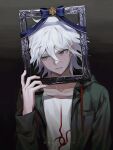  1boy artist_name black_background blue_bow boleum_(dgrpluna) bow closed_mouth collarbone danganronpa_(series) danganronpa_2:_goodbye_despair gradient_background green_eyes green_jacket grey_background hair_between_eyes hand_up highres holding_frame hood hood_down hooded_jacket iei jacket komaeda_nagito long_sleeves male_focus medium_hair messy_hair open_clothes open_jacket print_shirt shirt short_hair upper_body white_hair 