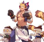  1boy :d abs animal_ear_headwear animal_ears animal_hands animal_print bandaged_arm bandages bara bare_pectorals bare_shoulders belt blonde_hair breath_of_fire breath_of_fire_iv cat_print character_request cray_(breath_of_fire) creature cropped_jacket fang feet_out_of_frame fur-trimmed_jacket fur_trim gradient_fur gundan halloween_costume highres jacket large_hands large_pectorals looking_at_viewer male_focus muscular muscular_male navel navel_hair nipples paw_pose pectorals pelvic_curtain short_hair sideburns smile solo_focus standing stomach tail thick_eyebrows tiger_boy tiger_ears tiger_stripes tiger_tail v-shaped_eyebrows 
