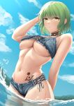  1girl absurdres bikini blue_sky breasts choker day denim_bikini green_eyes hand_in_own_hair highres hikage_(senran_kagura) large_breasts looking_at_viewer medium_hair navel senran_kagura sky slit_pupils stomach swimsuit tattoo underboob wading yellow_eyes zib_(boriku) 