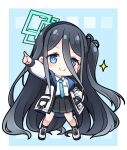  &gt;:) 1girl absurdly_long_hair aris_(blue_archive) black_hair black_skirt black_socks blue_archive blue_background blue_eyes blue_necktie chibi closed_mouth collared_shirt full_body hair_between_eyes halo highres jacket kadose_ara long_hair long_sleeves looking_at_viewer necktie one_side_up open_clothes open_jacket outstretched_arm pleated_skirt pointing puffy_long_sleeves puffy_sleeves ribbed_socks ringed_eyes shirt shoes simple_background skirt sleeves_past_wrists smile socks solo sparkle v-shaped_eyebrows very_long_hair white_footwear white_jacket white_shirt 