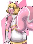  anthro blonde_hair blush bottomwear clothed clothing female gloves hair handwear hi_res komenuka_inaho looking_at_viewer looking_back mammal medium_hair open_mouth pink_body pink_tail rear_view rodent sciurid skirt solo tail tree_squirrel yellow_eyes 