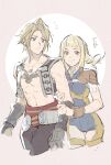  1boy 1girl armor bare_shoulders black_pants blonde_hair blue_bodysuit blue_eyes blush bodysuit braid breasts brown_background brown_eyes cowboy_shot cropped_legs crow0cc final_fantasy final_fantasy_xii gloves grey_gloves grey_vest highres holding_another&#039;s_arm looking_at_viewer looking_back medium_breasts pants parted_bangs penelo short_hair shoulder_armor sidelocks smile toned toned_male twin_braids vaan vest wrist_cuffs 