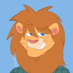  2023 anthro blue_background blue_eyes bust_portrait clothing digital_drawing_(artwork) digital_media_(artwork) dip-chip eyes_closed fangs felid fur green_clothing green_shirt green_topwear grin hair lion male mammal mane matt_(scratch21) orange_hair orange_mane pantherine portrait scratch21 shirt signature simple_background smile smug solo teeth topwear yellow_body yellow_fur 