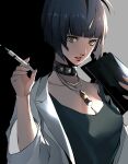  1girl absurdres black_choker black_dress black_hair bob_cut breasts brown_eyes choker cleavage clipboard coat collarbone dress highres holding holding_clipboard holding_syringe lab_coat lips looking_at_viewer medium_breasts open_clothes open_coat parted_lips persona persona_5 pertex_777 red_lips short_hair solo studded_choker syringe takemi_tae white_coat 